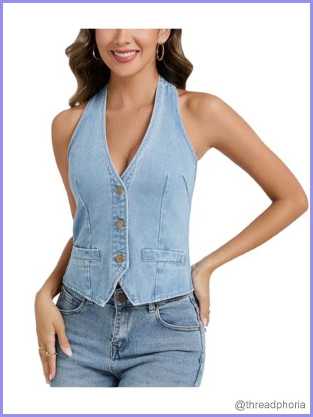 Women's Denim Halter Vest Top V Neck Back Tie Crop Jean Sleeveless